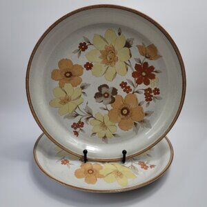 TWO Nitto Woodsong Dinner Plates Heatherstone Brown Yellow Flowers Brown Trim